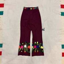 Vintage 1970s polyester hand embroidered floral hippie flare high waisted pants