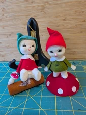 2 Flocked SNOW BABY/MUSHROOM xmas ornament Japan midcentury kitsch foam/felt