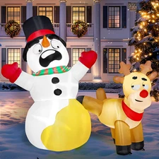 6.6FT LED Reindeer Peeing on Snowman Inflatable Christmas Yard Decor