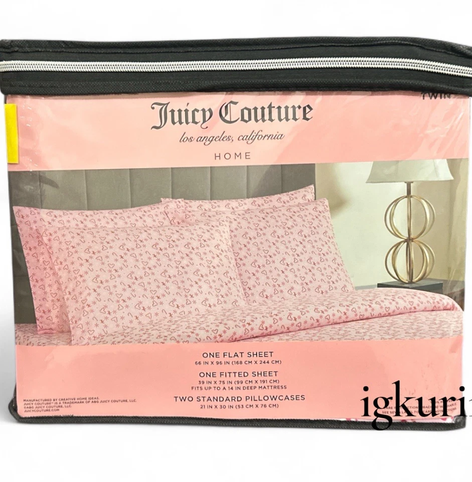 Juicy Couture Christmas Candy Cane Hearts Twin 4pc Bedding Sheet Set pink new - Image 3 of 4