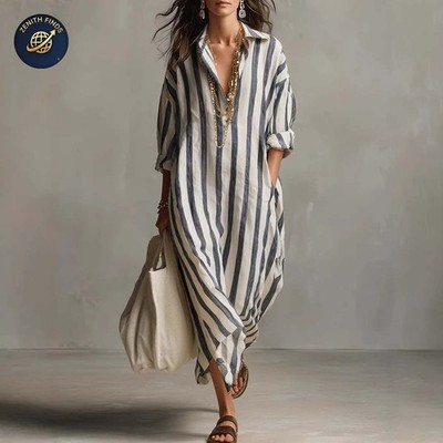 three quarter sleeve midi casual dresses for women CASUAL LINEN MIDI DRESS WITH THREE-QUARTER SLEEVE CUT Loopy Wear