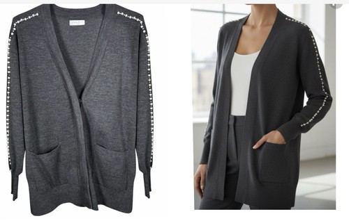 Sandro, Sandro Paris Grey Wool Blend Cardigan Pearl Rhinestone Milano Knit V Neck Size 2
