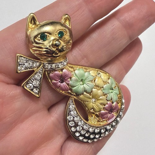 Vintage Sparkling Cat Brooch Pin Rhinestones Enamel Gold Tone Purple Green Y2K