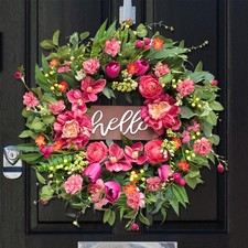 Spring Wreaths for Front Door 24 Inch with Hello Sign,Artificial Summer Wreat...