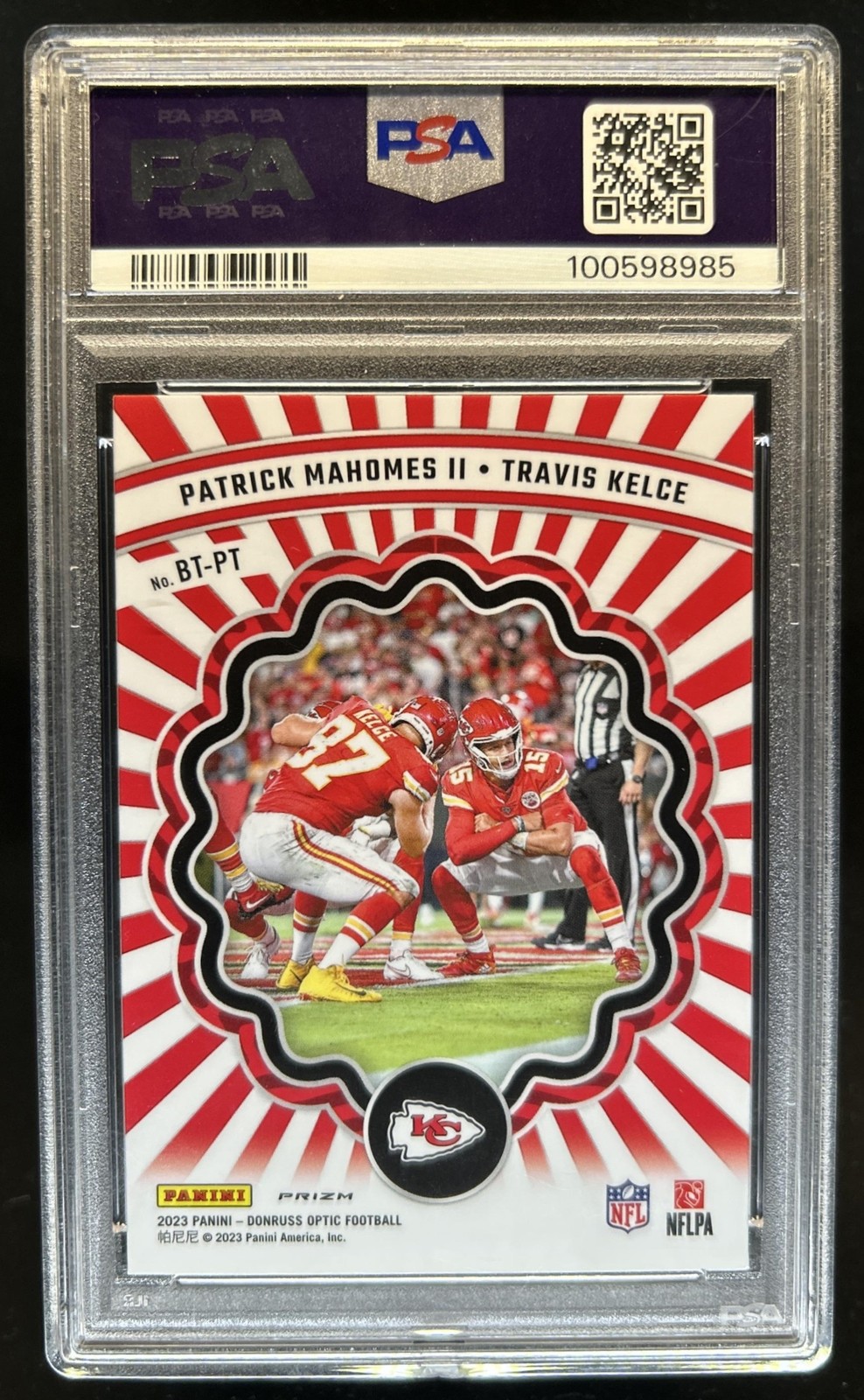 2023 Donruss Optic Patrick Mahomes II Travis Kelce Best Tuddys #BT-PT PSA 10 view 2