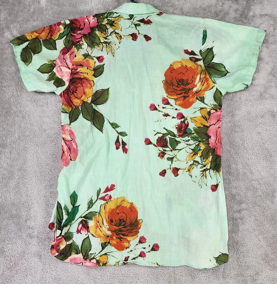 Womens Pajama Set Medium Floral Linen Button Up Shirt Elastic Waist Shorts Loung - Image 2 of 4