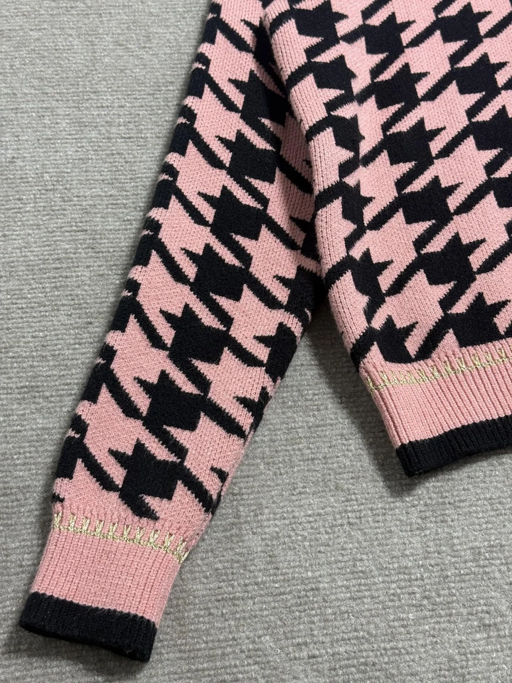 Suéter THML Mujer Medio Rosa Negro Pata de Gallo Pullover Cuello Redondo Tejido LW0118 Foto 3 de 4