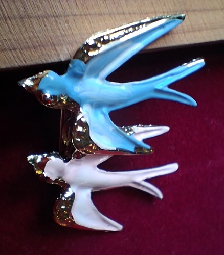 Vintage 1950s Enamel Double Swallow Brooch Pin Blue Pink Bird 
