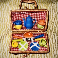 Vintage Childrens Picnic Basket w/ Ceramic Dishes Colorful Miniature