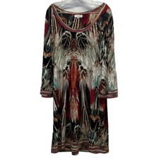 Calvin Klein Multicolored Feather Print Abstract Knit Tunic Dress 3/4 Sleeve XL