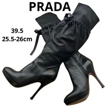 Prada Platform Gathered Boots Black Lamb Leather Size 39.5 12cm Heel 39cm Height