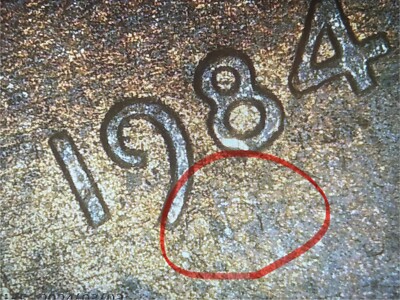 1984 Lincoln Cent-Die crack; Die adjustment strike obverse, phantom D Mint