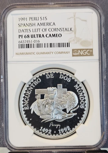 1991 PERU SILVER 1 SOL S1S SPANISH AMERICA NGC PF 68 ULTRA CAMEO RARE