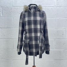 Henleys Black Grey Pink Checkered Coat Tie Waist Wooly Faux Fur Hood Thick Uk 10