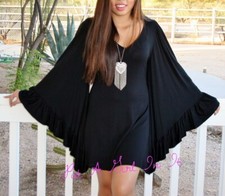 USA New Womens BLACK BOHO FULL BELL FLARE WING SLEEVE BOHO SEXY DRESS M Medium
