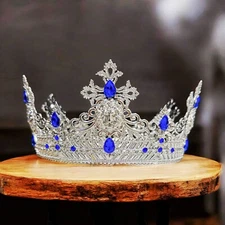 Silver Lion King Crown, Prince Wedding Headpiece, Blue Crystal Crown for Groom