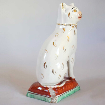 1860s Antique English Victorian Staffordshire Pottery Seated Cat