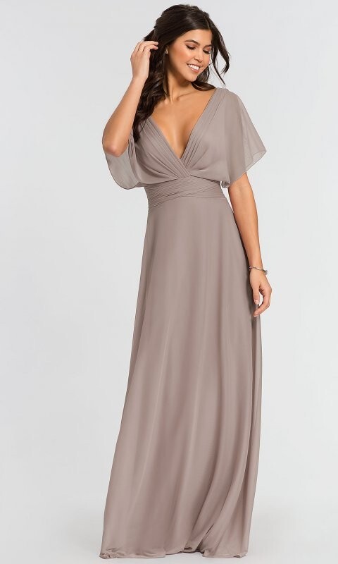 Kleinfeld V Neck Flutter-Sleeve Long Formal Zinc Beige Bridesmaid Dress  Size 12 | eBay