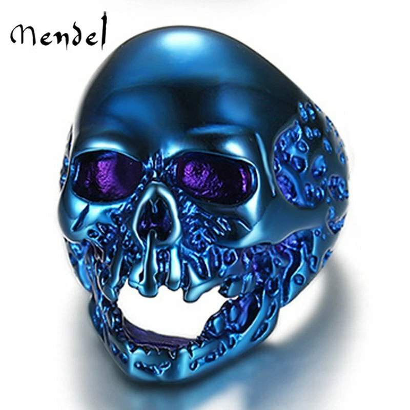 MENDEL Large Gothic Biker Mens Blue Skull Ring For Men Stainless