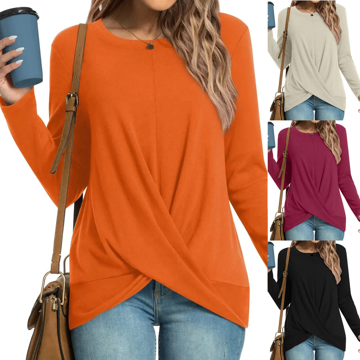 Womens Fall Winter Casual T Shirts Long Sleeve Tunic Tops Clothes Hide  Tummy