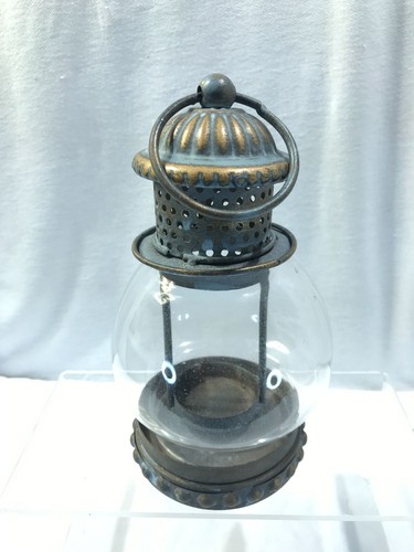 Tealight holder, metal glass lantern style with holding or hanging loop, 7.5" - Picture 3 of 10