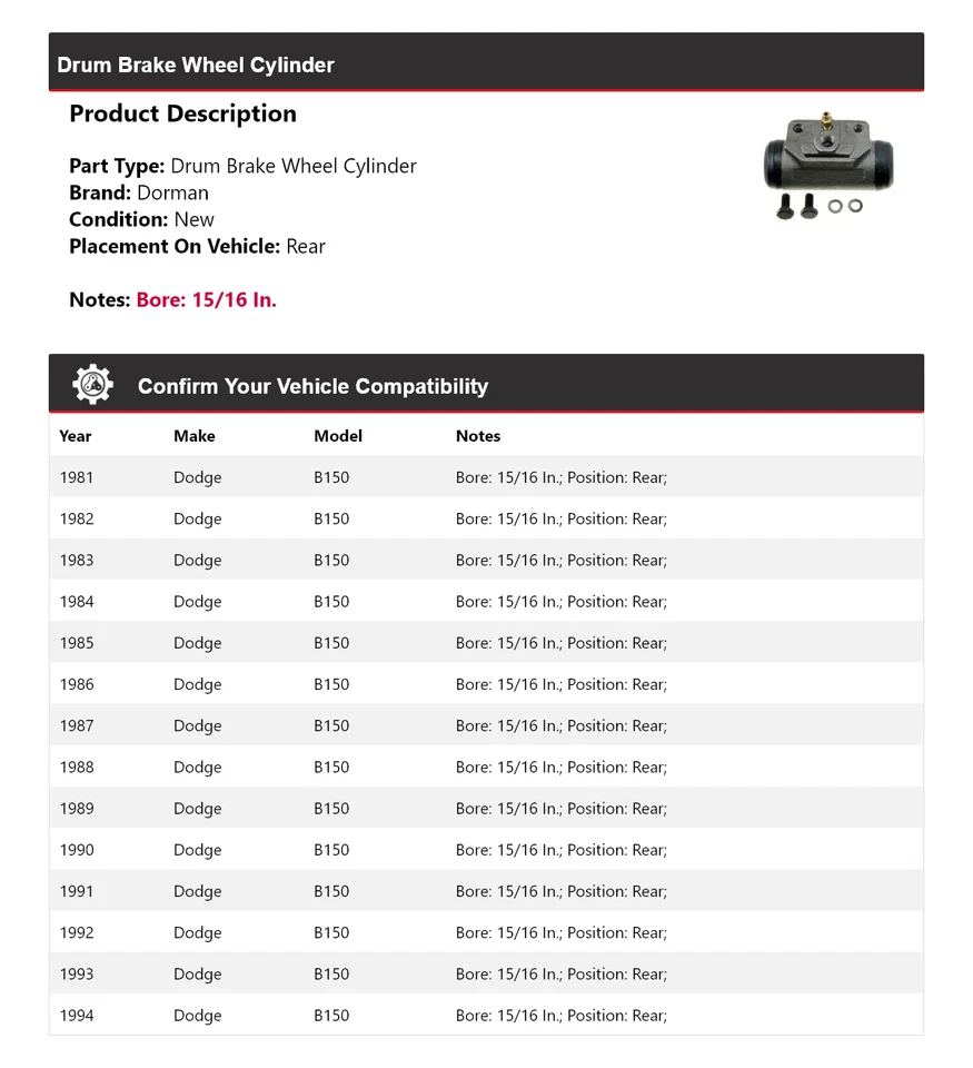 Cilindro trasero de rueda de freno de tambor para Dodge B150 Dorman 1981-1994 1982 1983 1984 Foto 2 de 4