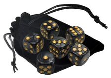 Set (6) 16mm Pearlized Dice Rounded Corners Black w/Gold Pips + Storage Pouch