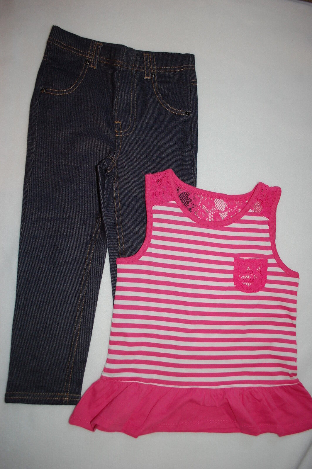 Toddler Over item handling ☆ Girls Outfit PINK WHITE STRIPED TANK PANEL Jeggings Blue 4T TOP w Under blast sales LACE