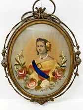 Antique Silk & Needle work Picture Portrait Young Queen Victoria  c1840