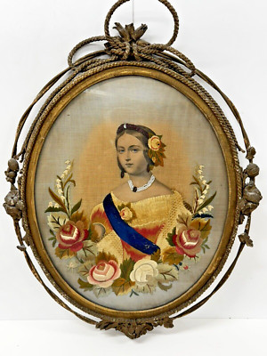 Antique Silk & Needle work Picture Portrait Young Queen Victoria  c1840
