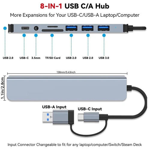8 in 1 Multiport USB-C Hub Type C To USB 3.0 2.0 Multi-hub Dock Splitter Adapter - Picture 8 of 10