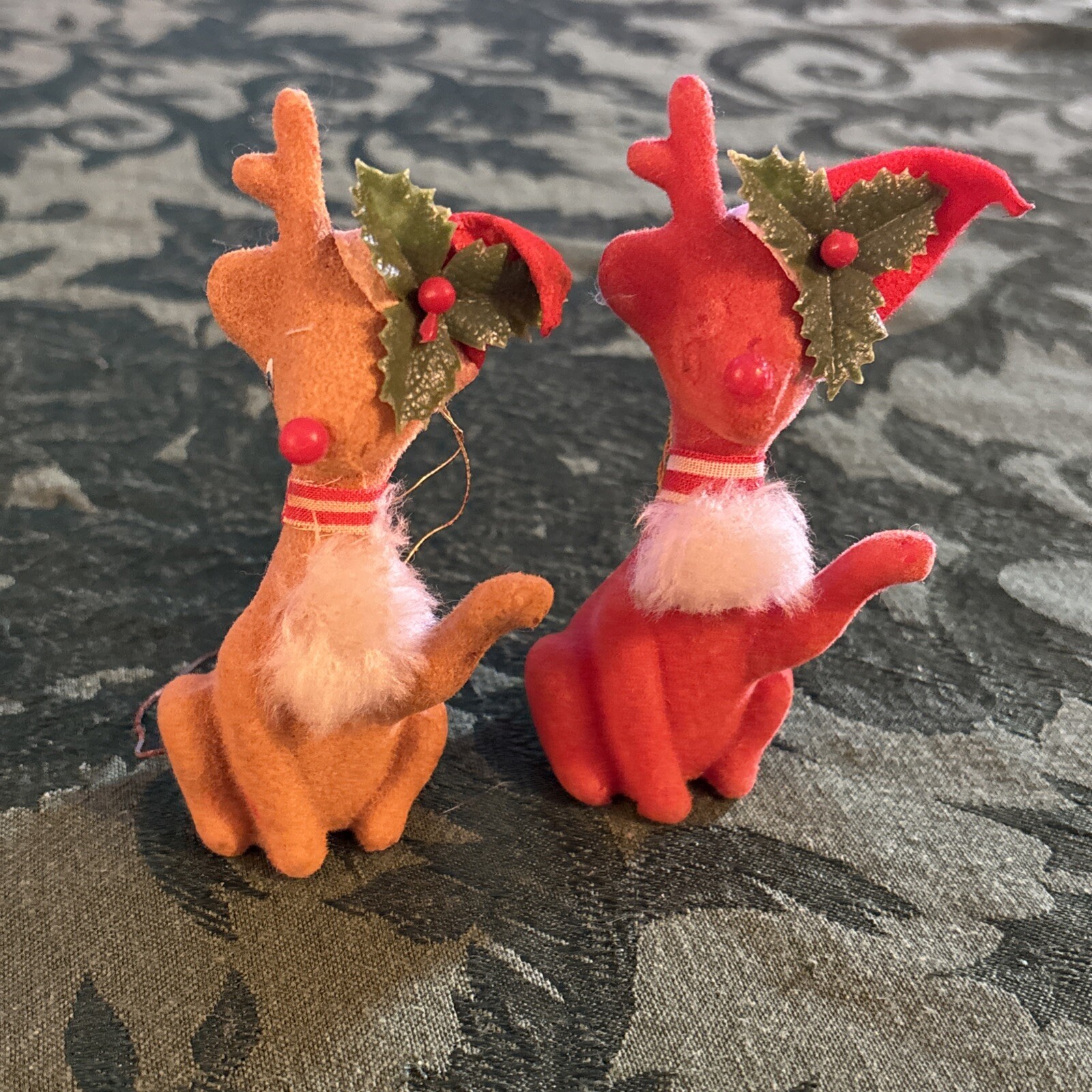 Lot of 2 Vintage Flocked Reindeer Ornament Red Cream Tan Sitting Hoof Up MCM