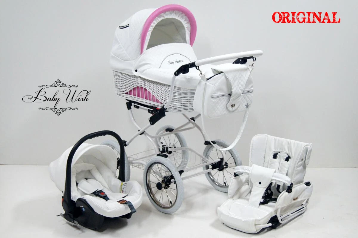 SCARLETT Wicker Pram Baby Fashion 3in1 STROLLER CARRYCOT + STROLLER + CAR SEAT