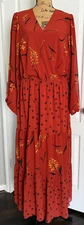 City Chic Maxi Dress V-Neck Chiffon Long Sleeve Rust Leaves Cottage Core Large