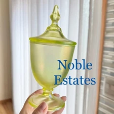 Vintage Fenton Vaseline Topaz Stretch Glass Dish with Lid (circa 1917 - 1930)