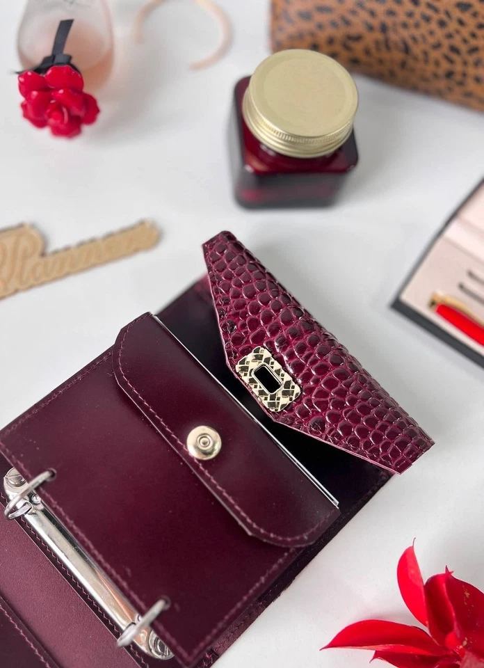 Burgundy leather notebook cover A7 6 rings mini wallet, Mini Planner Binder. - Image 3 of 4