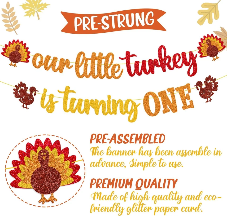 Our Little Turkey is Turning One Banner Acción de Gracias 1er Oro, Naranja  Foto 3 de 4