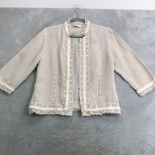 Chico's Cream Linen Embellished Open Front Jacket Size Small