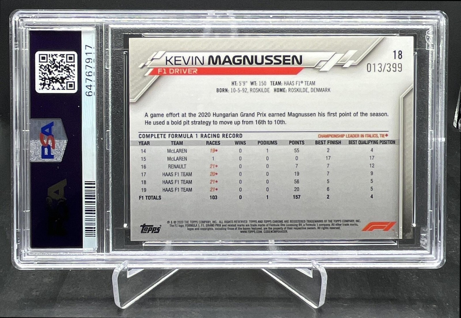 2020 Topps Chrome Formula 1 F1 Kevin Magnussen Portrait Purple 013/399 PSA 9 #18 view 2