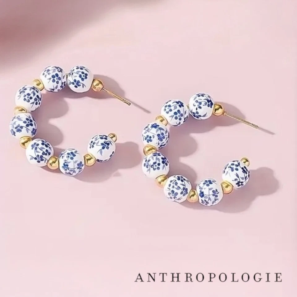 NUEVO Anthropologie Pendientes Argolla Boho Cuentas Azul Cerámica y Chapados en Oro Joyería Foto 3 de 4