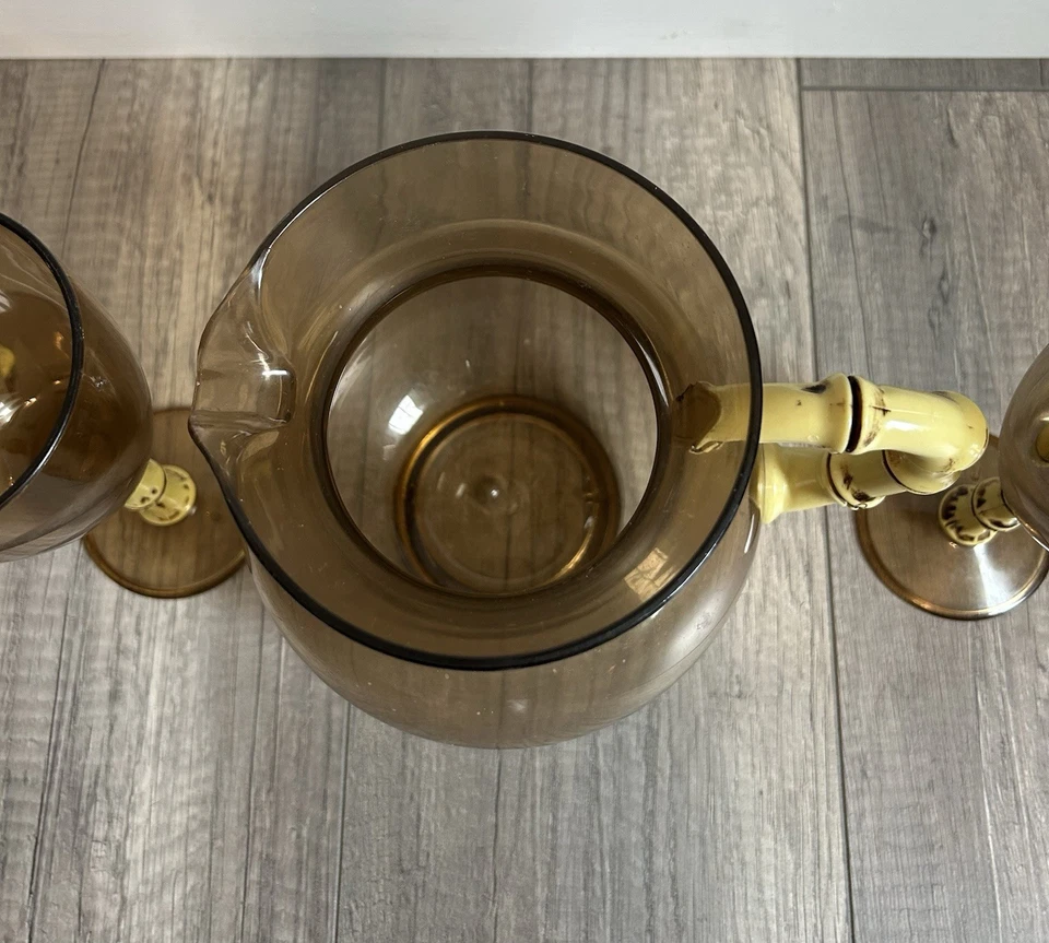 Juego de 3 copas y jarra de acrílico ámbar vintage bambú Tiki tropical vajilla MCM Foto 3 de 4