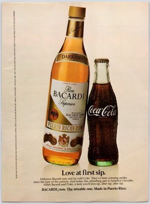 Bacardi Rum Coke Coca Cola Puerto Rico Bar Wall Art Liquor Vintage Print Ad 80s