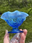 Vintage Fenton Glass Cobalt Blue Opalescent Strawberry Pattern Dish Made In USA