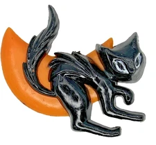 Halloween Black Scary Cat Orange Moon Cake Decoration Topper Party Vintage NOS