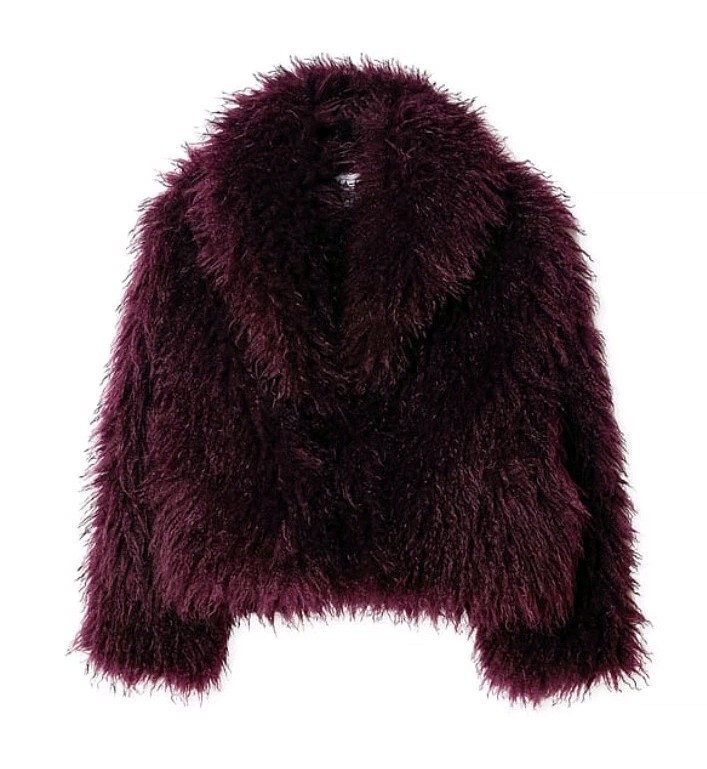 NA-KD Curly Faux Fur Jacket Purple Collared Mob Wife Women's Size