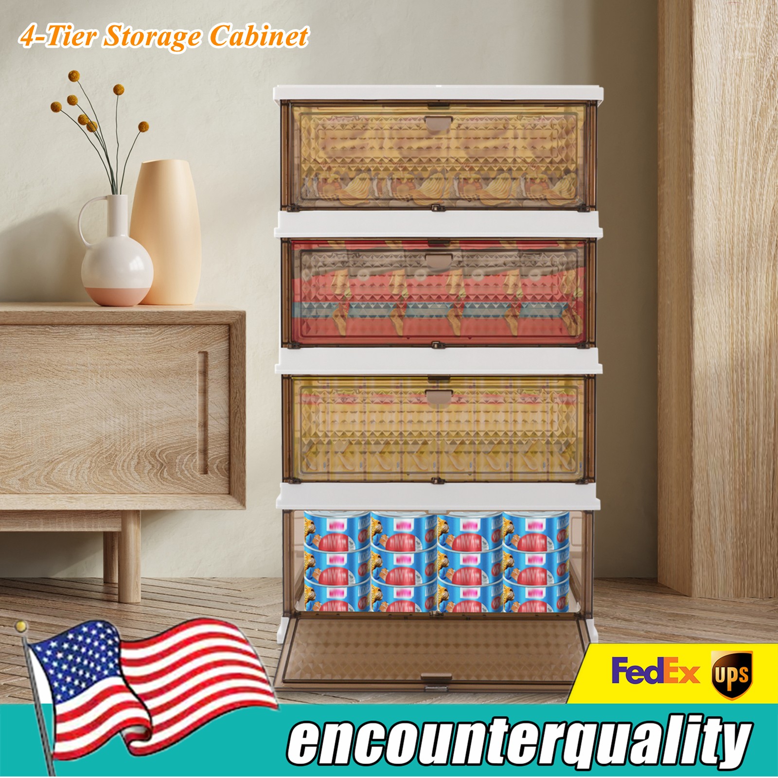 Foldable 4-Tier Storage Cabinet Organizer with Folding Bins