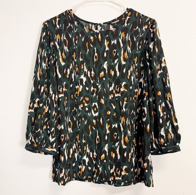 Express Blouse Womens Medium Green Dark Abstract Leopard Print 3/4 Sleeve NWT
