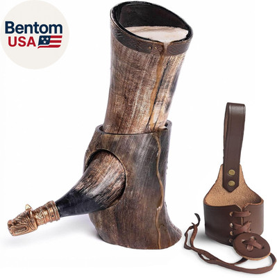 Genuine 12'' Ox-Horn Viking Drinking Horn with Antique Brass Rim & Wolf Tip, Brow