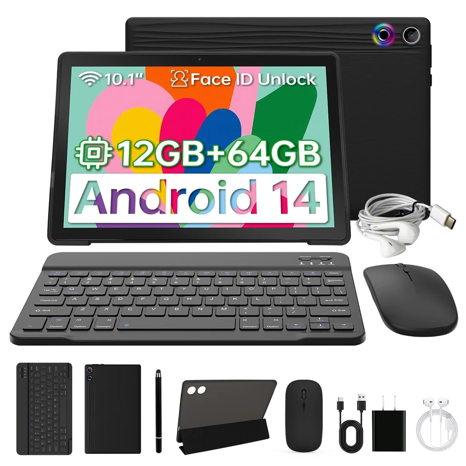 ANNA BELL 10.1 inch Android 14 Octa-Core Tablet 12GB+64GB With Keyboard/Mouse/Stylus