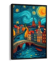 PRETTY AMSTERDAM CITY VIEW VAN GOGH STYLE FLOAT EFFECT CANVAS WALL ART PIC PRINT